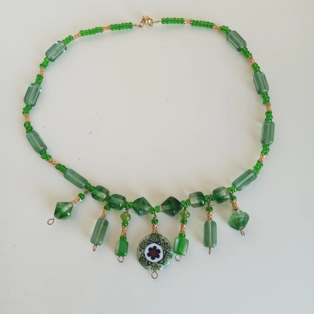 Green Glass with Murano Millefiori Pendant Necklace